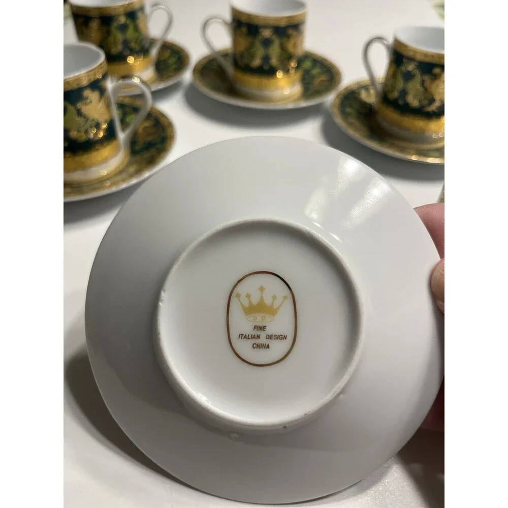 Italy Design Heavy Gold & Green Chicken Rooster Floral Demitasse Cup Saucer 10pc